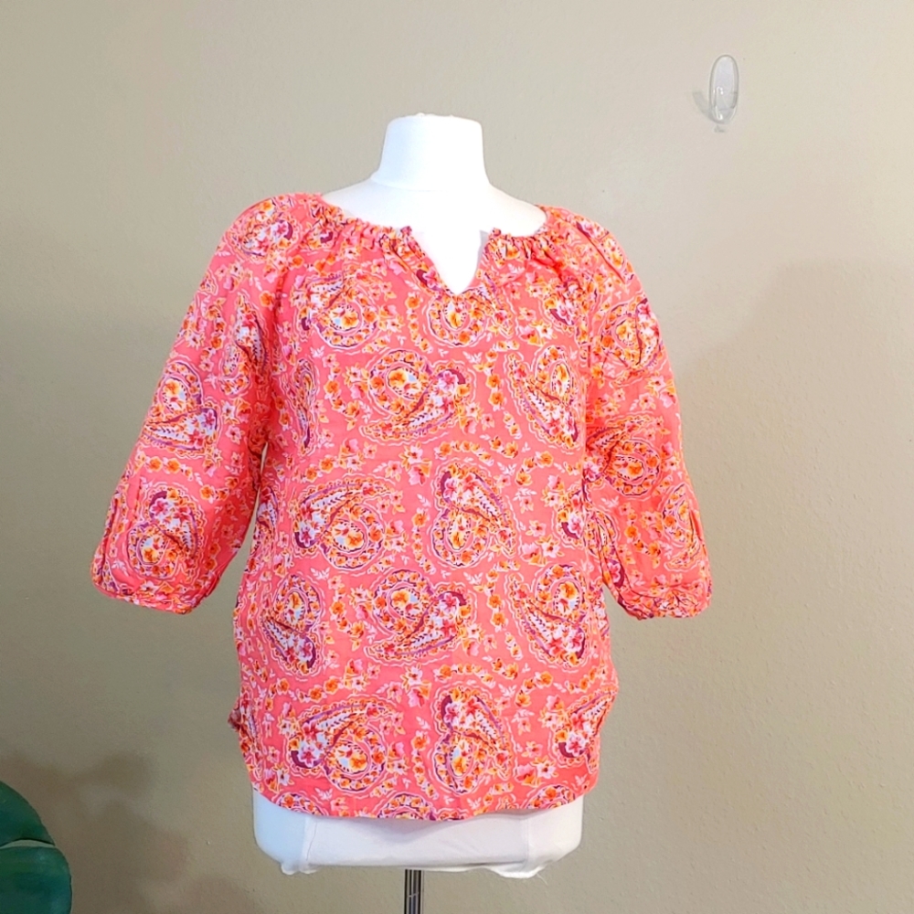 Linen Blend Coral Paisley floral shirt Size S